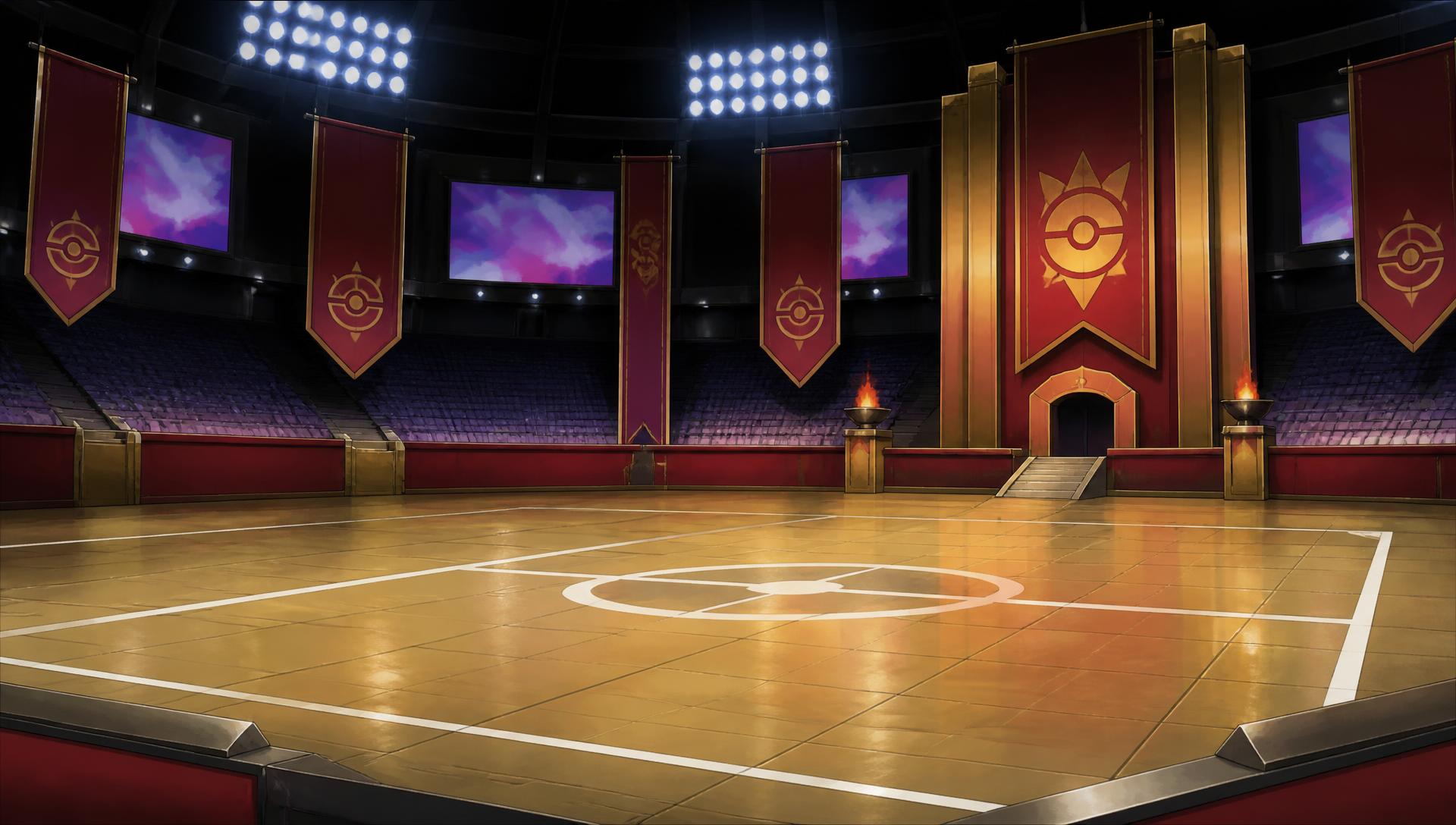 Pokémon gym battle arena lit by stadium spotlights